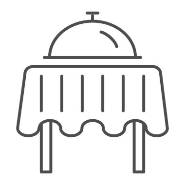 İnce çizgi ikonlu restoran masası, akşam yemeği konsepti, beyaz arka planda kahvaltı tepsisi tabelası, mobil tasarım için ana hatlı masa simgesiyle kaplanmış tabak. Vektör grafikleri.