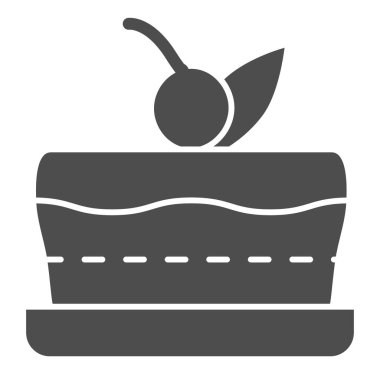 Kek katı ikonu, fırın konsepti, beyaz arka planda doğum günü pastası tabelası, mobil konsept ve web tasarımı için vişne ikonu şeklinde pasta. Vektör grafikleri.