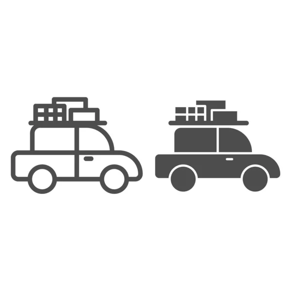 Reizen auto lijn en solide pictogram, Zomer vakantie concept, retro auto met bagage op het dak teken op witte achtergrond, voertuig reizen pictogram in outline stijl mobiel concept en web design. vectorgrafieken. — Stockvector