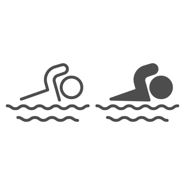 Homem nada na linha do mar e ícone sólido, conceito de verão, sinal de natação no fundo branco, ícone de natação no estilo esboço para o conceito móvel e web design. Gráficos vetoriais . — Vetor de Stock