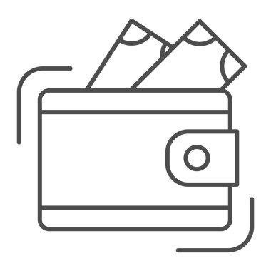 Para ince çizgi ikonu, iş konsepti, beyaz arka planda nakit işareti olan cüzdan, mobil konsept ve web tasarımı için ana hatlı cüzdan simgesi. Vektör grafikleri.