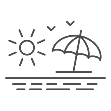 Plaj ince çizgi ikonu, yaz konsepti, beyaz arka planda gündoğumu tabelası, şemsiyeli deniz manzaralı, güneş ve martı ikonu mobil konsept ve web tasarımı için tasarım tarzında. Vektör grafikleri.