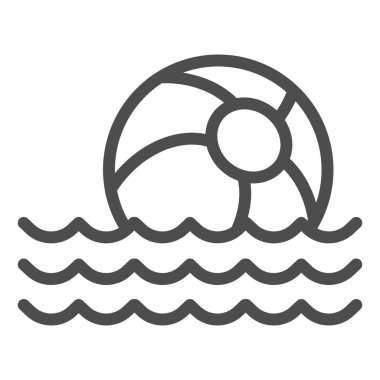 Dalga çizgisi ikonu üzerine plaj topu, yaz konsepti, beyaz zemin üzerinde su üzerinde yüzen oyuncak top, mobil konsept ve web tasarımı için ana hatlı deniz ikonu. Vektör grafikleri.