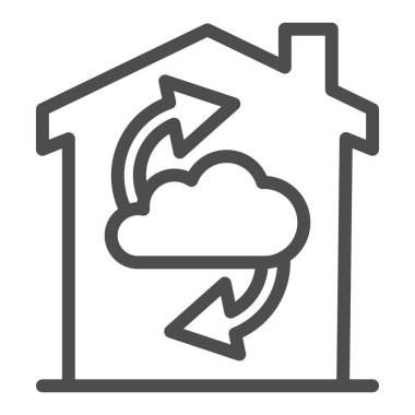 Yapı çizgisi simgesinde okları olan bulut, akıllı ev kavramı, beyaz arka planda ev bulut depolama vektör işareti, mobil ve web için ana hatlar biçiminde veri paylaşım simgesi. Vektör grafikleri.