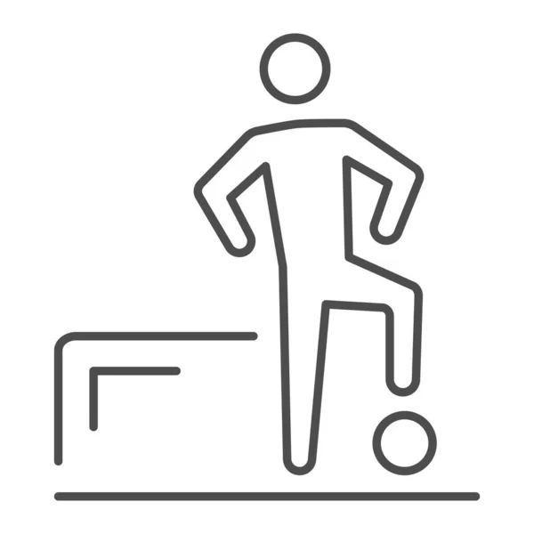 Giocatore di calcio con palla sottile icona linea, concetto di sport, calciatore vicino cancello segno su sfondo bianco, Calciatore stand con icona palla in stile contorno per il mobile e web design. Grafica vettoriale . — Vettoriale Stock