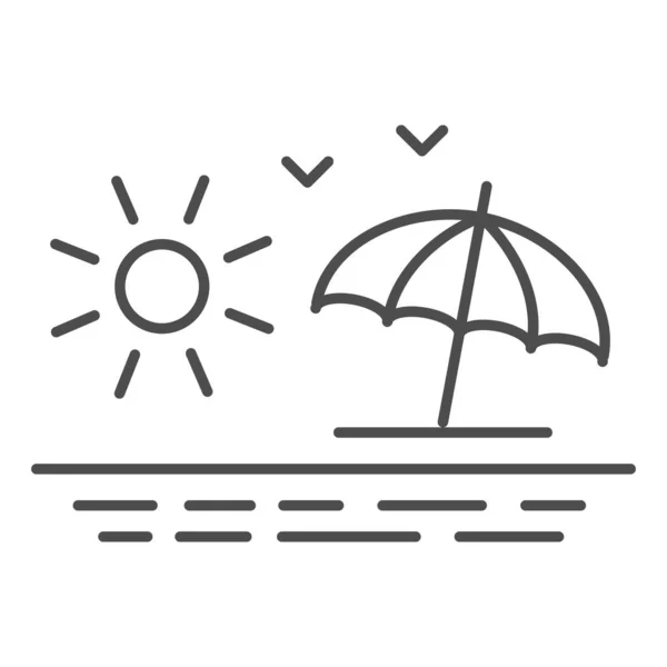 Plaj ince çizgi ikonu, yaz konsepti, beyaz arka planda gündoğumu tabelası, şemsiyeli deniz manzaralı, güneş ve martı ikonu mobil konsept ve web tasarımı için tasarım tarzında. Vektör grafikleri. — Stok Vektör