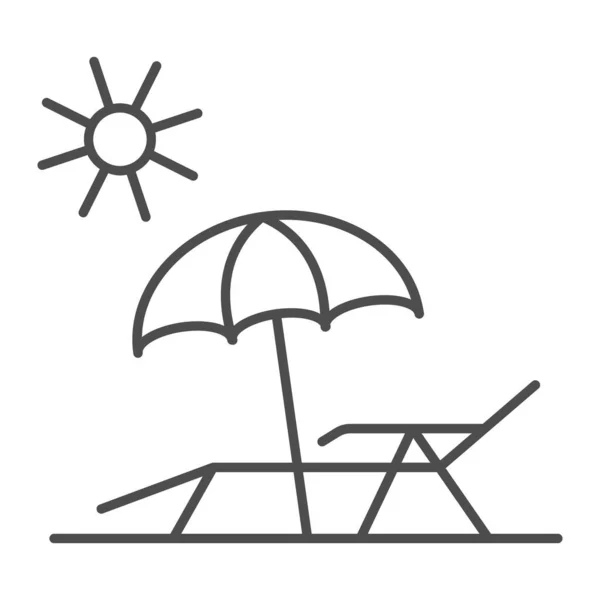 Chaiselongue am Strand dünne Linie Symbol, Sommer-Konzept, Liegestuhl mit Schirmschild auf weißem Hintergrund, Sonnenschirm und Liege Symbol in Umriss Stil für mobile, Web-Design. Vektorgrafik. — Stockvektor