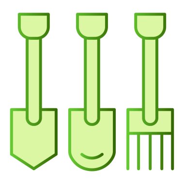 Kürekler ve dirgenler düz simge. Tarla ekipmanları yeşil simgeler moda düz stil. Bahçe araçları gradyan stil tasarımı, web ve uygulama için tasarlandı. Eps 10.