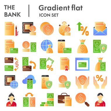 Banka düz simge seti, finans sembolleri koleksiyonu, vektör çizimleri, logo çizimleri, ödeme işaretleri, beyaz arkaplanda izole edilmiş renk grafiksel grafikler paketi, eps 10.