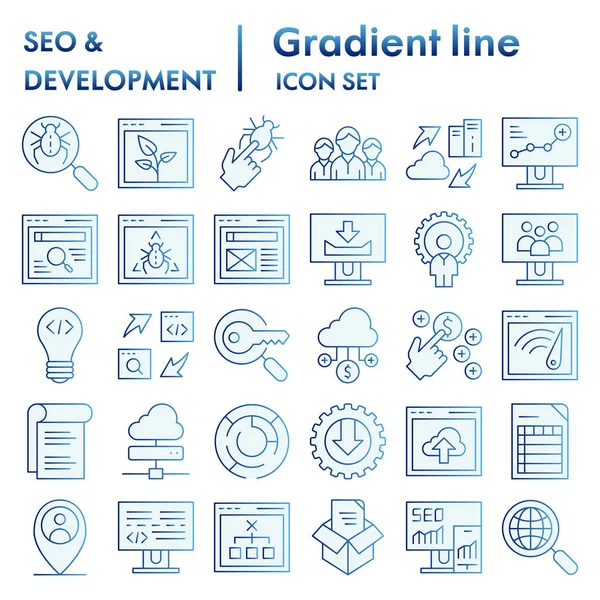 Seo i rozwój płaski zestaw ikon, zbiór symboli komputerowych, szkice wektorowe, ilustracje logo, znaki optymalizacji niebieski gradientowy pakiet piktogramów izolowany na białym tle, eps 10. — Wektor stockowy