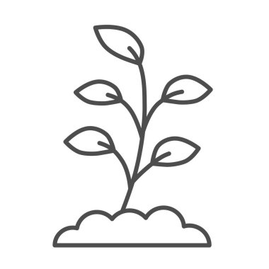 İnce yapraklı küçük filizlenme, ince çizgi ikonu, bahar konsepti, beyaz arka planda filizlenme işareti, taşınabilir konsept ve web tasarımı için ana hatlarda toprak ikonu olarak büyüyen filizlenme. Vektör grafikleri.