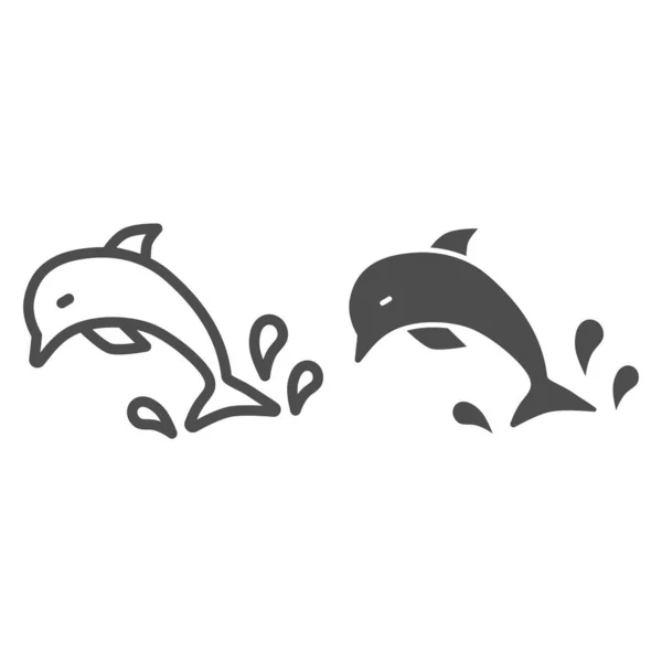 Dolphin linka a pevná ikona, námořní koncept, Dolphin skákání s cákancemi vody znamení na bílém pozadí v obrysu stylu pro mobilní koncept a web design. Vektorová grafika. — Stockový vektor