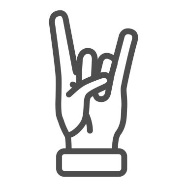 Rock 'n' roll jest çizgisi ikonu, El hareketleri konsepti, arka planda ağır metal işareti, mobil konsept ve web tasarımı için ana hatlı boynuz simgesi işareti. Vektör grafikleri.