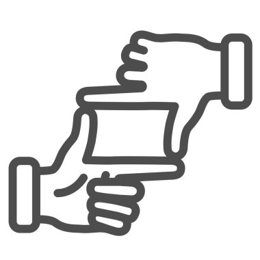 Fotoğraf çerçevesi jest çizgisi ikonu, jest konsepti, beyaz arka planda kırpma işareti yapan insan elleri, cep telefonu için taslak biçimli fotoğrafçı el hareketi ikonu. Vektör grafikleri.