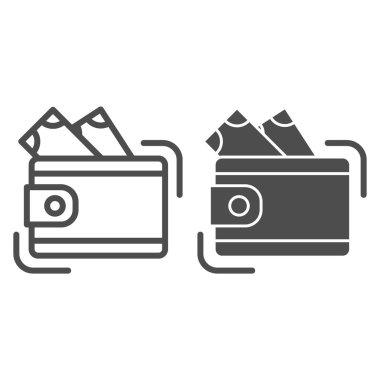 Para çizgisi, sağlam ikon, iş konsepti, beyaz arka planda nakit işareti olan cüzdan, mobil konsept ve web tasarımı için ana hatlı cüzdan simgesi. Vektör grafikleri.