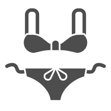 Kadınlar katı mayo, yaz konsepti, beyaz arka planda kadın mayo tabelası, mobil konsept ve web tasarımı için kabartma şeklinde bikini ikonu. Vektör grafikleri.