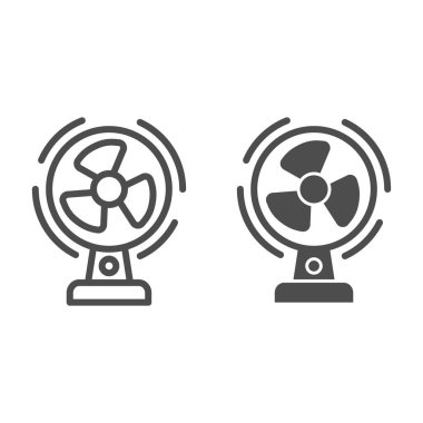 Blower line ve sağlam ikon, otel elektronik konsepti, beyaz arka planda havalandırma tabelası, mobil konsept ve web tasarımı için ana hatlı masaüstü hayran simgesi. Vektör grafikleri.