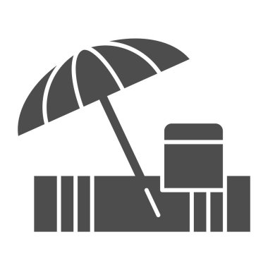 Plaj şemsiyesi ve havlu katı ikonu, yaz konsepti, beyaz arka planda yaz tabelasında tropikal plaj manzarası, güneş kremi şemsiyesi ve mobil için dinlenme yeri ikonu. Vektör.