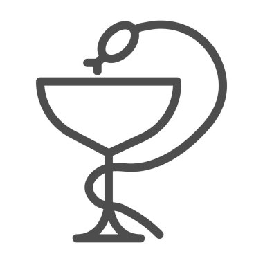 Tıbbi yılan ve kupa çizgisi ikonu, tıp konsepti, beyaz arka planda eczane sembolü, mobil konsept ve web tasarımı için ana hatlı yılan ve cam ikonu. Vektör grafikleri.