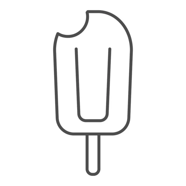 Icono de línea delgada de helado mordido, concepto de verano, helado sobre un letrero de palo sobre fondo blanco, helado sobre icono de palo de madera en estilo de esquema para el concepto móvil y el diseño web. Gráficos vectoriales . — Vector de stock