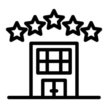 Otel Beş Yıldız Çizgisi ikonu. Mimari vektör çizimi beyaza izole edildi. Daire tasarımı, web ve uygulama için tasarlanmış. Eps 10.