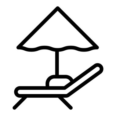 Şemsiye ve şezlong çizgisi ikonu. Plaj sandalyesi işareti çizimi beyaza izole edilmiş. Güneş yatağı ve şemsiye tasarımı, web ve uygulama için tasarlanmış. Eps 10.