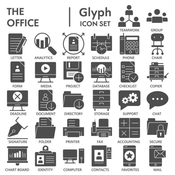 Kantoor glyph SIGNED pictogram set, werkruimte symbolen collectie, vector schetsen, logo illustraties, werk tekens solide pictogrammen pakket geïsoleerd op witte achtergrond, voor 10 personen. — Stockvector