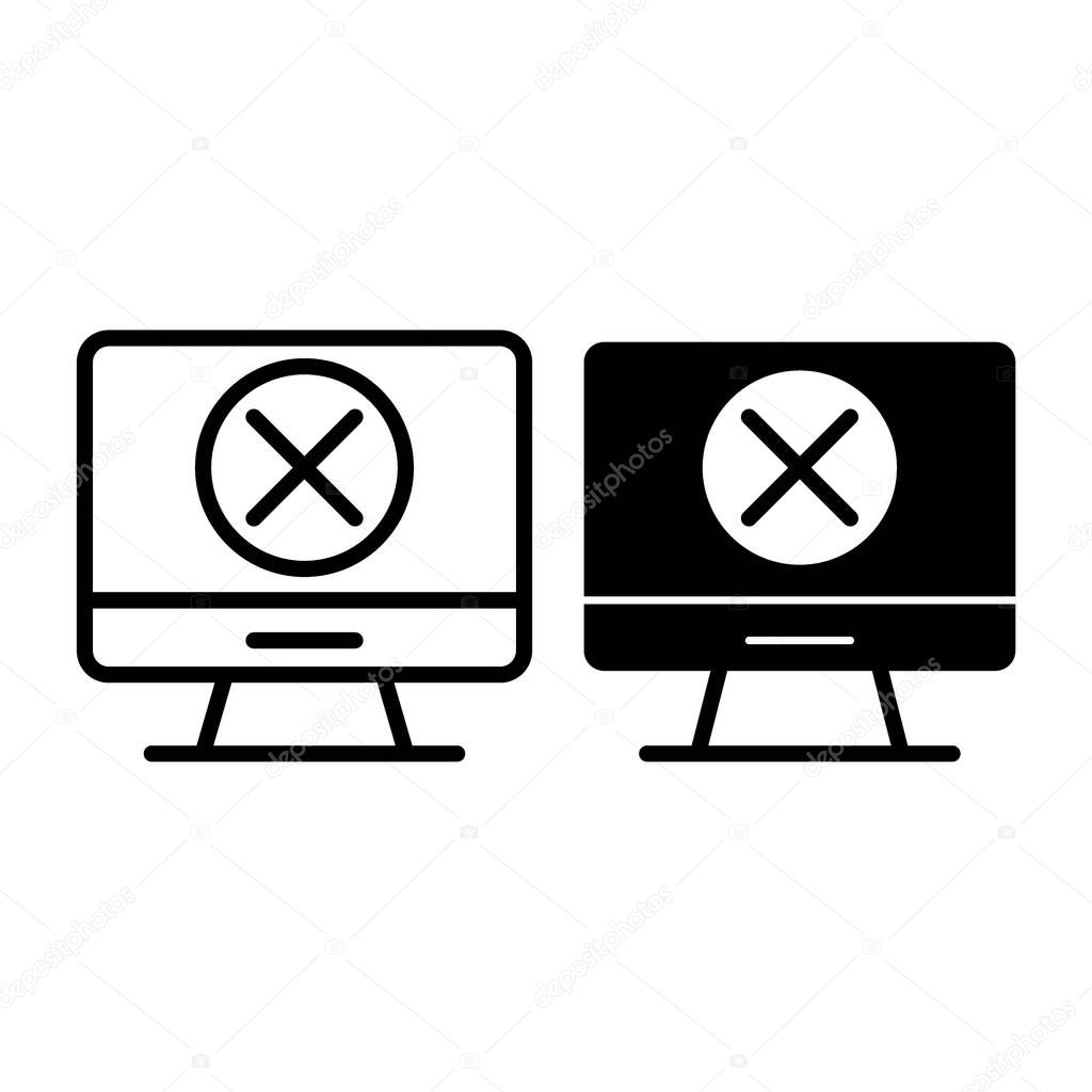 Computer with x mark line and glyph icon. Screen with cross vector illustration isolated on white. Error on screen outline style design, designed for web and app. Eps 10.