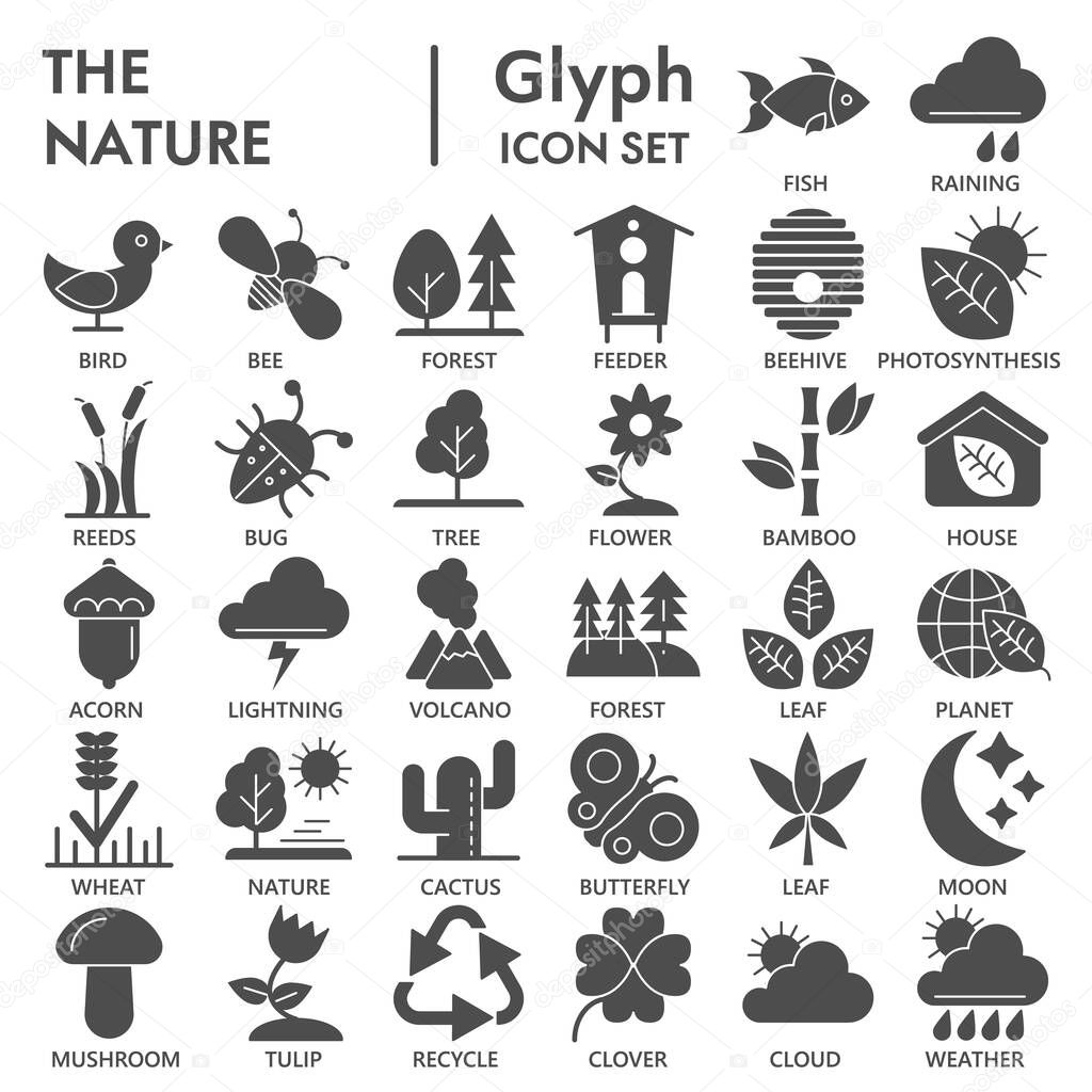 Nature glyph SIGNED icon set, environment symbols collection, vector sketches, logo illustrations, conservation signs solid pictograms package isolated on white background, eps 10.