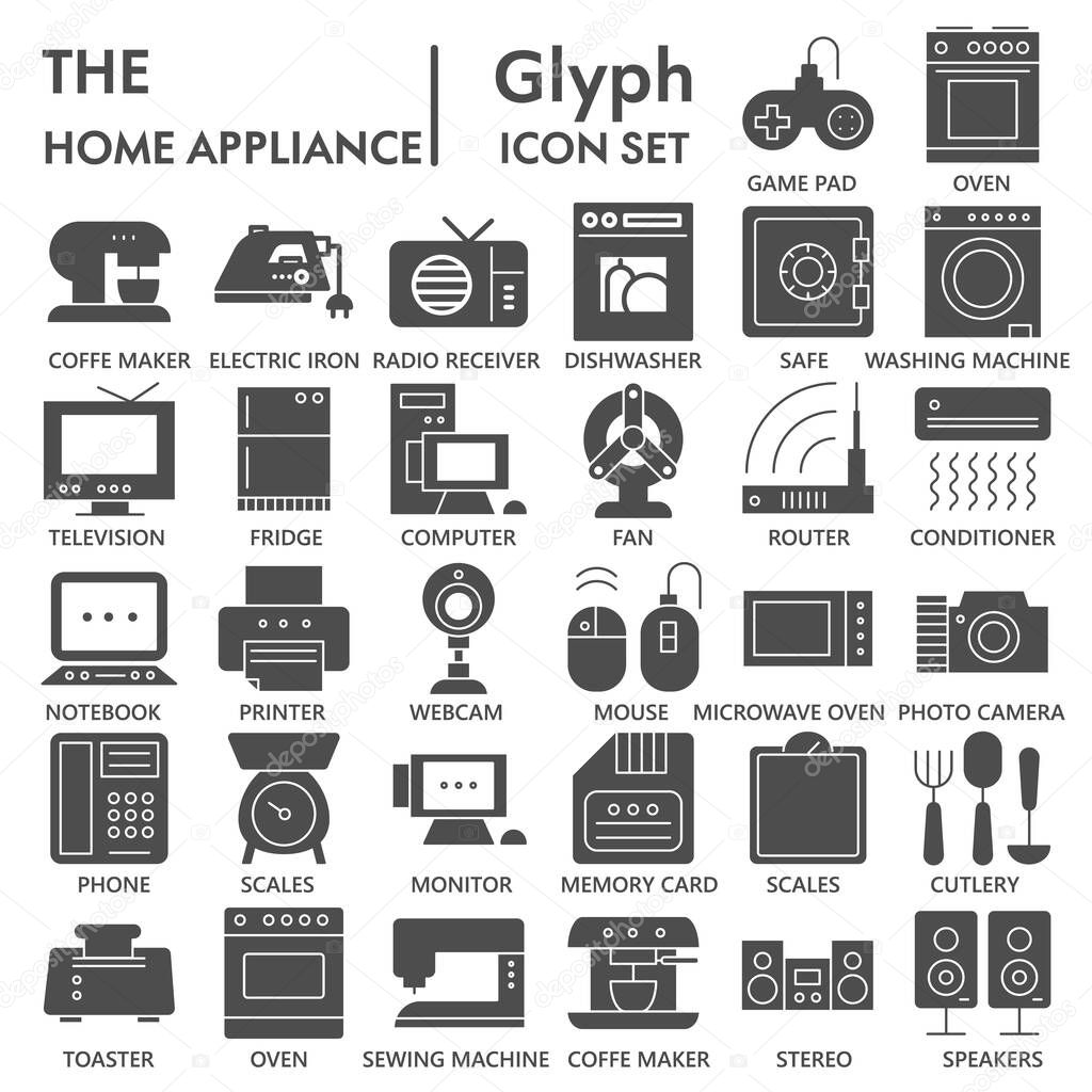 Home appliance SIGNED glyph icon set, household symbols collection, vector sketches, logo illustrations, electrical appliances signs solid pictograms package isolated on white background, eps 10.