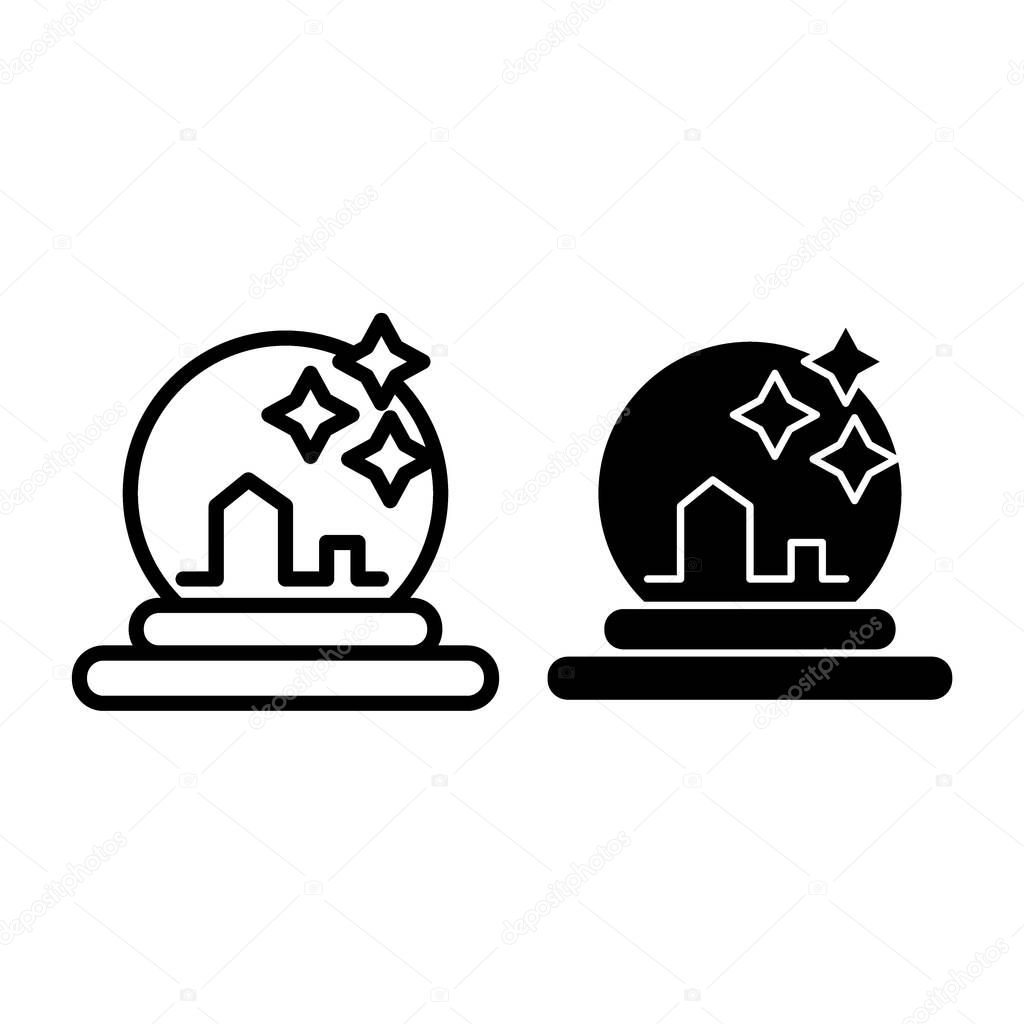 Crystal ball line and glyph icon. Magician ball with stars vector illustration isolated on white. Glass sphere outline style design, designed for web and app. Eps 10.