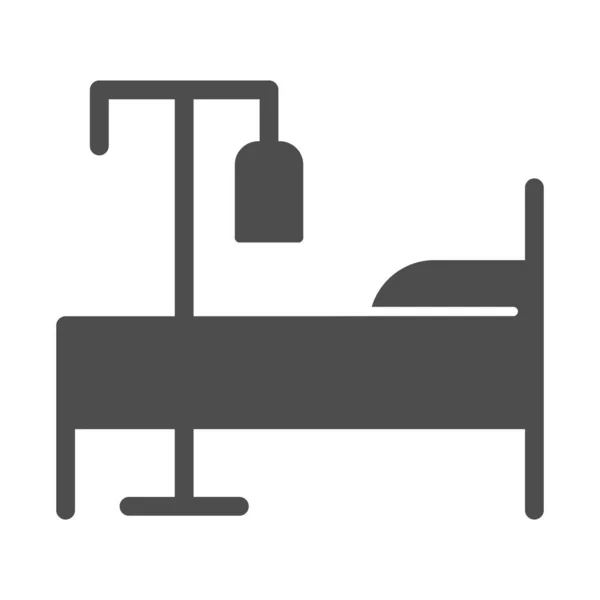 Ícone sólido de cama e conta-gotas, conceito de terapia de emergência, cama de hospital com sinal de contador de gota no fundo branco, saco de plástico com liguid no suporte perto do estilo de glifo do ícone da cama. Gráficos vetoriais . —  Vetores de Stock