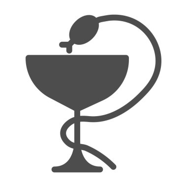 Tıbbi yılan ve kupa katı ikonu, tıp konsepti, beyaz arka planda eczane sembolü, mobil konsept ve web tasarımı için glyph stili yılan ve cam ikonu. Vektör grafikleri.