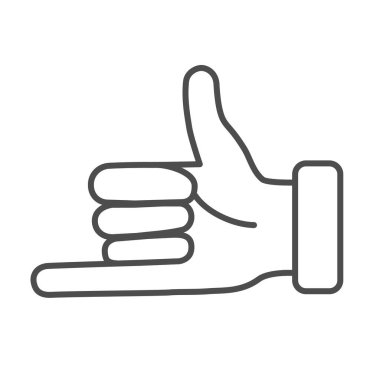 Söz verilen el hareketi, ince çizgi ikonu, jest konsepti, beyaz arka planda uzun parmak işareti olan yumruk, mobil ve web için ana hatlar şeklinde başparmak ve serçe parmak ikonu. Vektör grafiği.