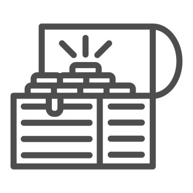 Hazine sandığı ikonu, zenginlik konsepti, beyaz arka planda açık korsanlar hazine kutusu tabelası, mobil ve web için ana hatları altın olan klasik ahşap sandık. Vektör grafikleri.