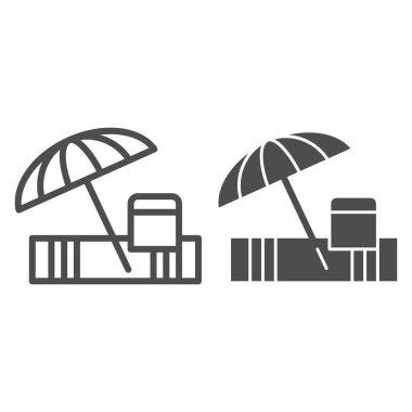 Plaj şemsiyesi ve havlu sırası ve katı ikon, yaz konsepti, beyaz arka planda yaz tabelasında tropikal plaj manzarası, güneşlik şemsiye ve mobil için taslak biçimli dinlenme yeri ikonu. Vektör.