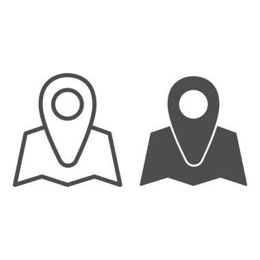 Pointer çizgisi, katı simge, seyahat kavramı, beyaz arkaplanda navigatör pimi işareti, mobil konsept ve web tasarımı için taslak biçimli harita ve konum belirleyici simgesi. Vektör grafikleri.