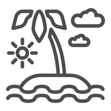 Güneş, dalgalar ve palmiye ağacı çizgisi ikonu, okyanus konsepti, beyaz arka planda güneşli palmiye plajı tabelası, mobil ve ağ için çizgili palmiye ikonu olan tropikal ada. Vektör grafikleri.