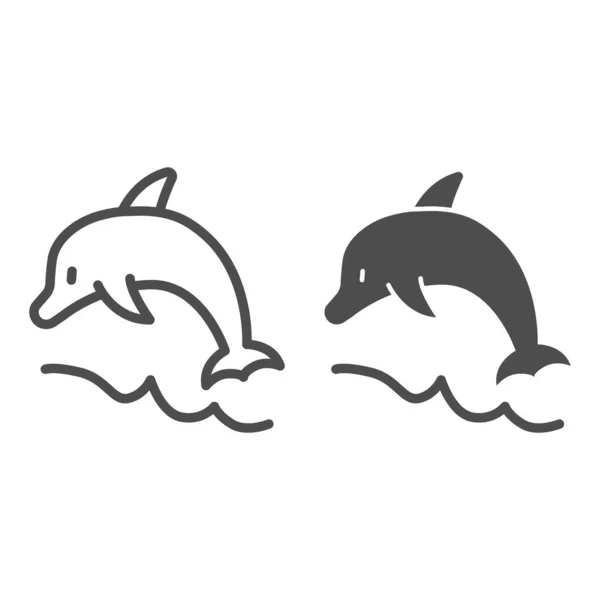 Delfín skáče přes vlnové linie a pevné ikony, letní koncept, skákání delfín znamení na bílém pozadí, Vodní savec ikona v obrysu stylu pro mobilní koncept a web design. Vektorová grafika. — Stockový vektor