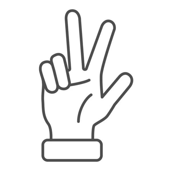 Mano que muestra tres dedos icono de línea delgada, Concepto de gestos de mano, Signo de gesto de tres dedos sobre fondo blanco, mano que muestra el icono número tres en estilo de esquema para móviles, web. Gráficos vectoriales . — Vector de stock