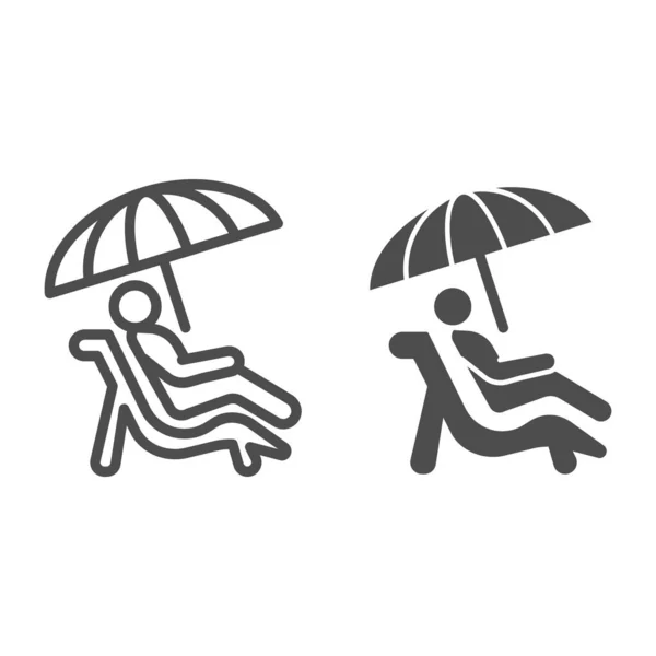 Person auf Sonnenbank und solides Symbol, Sommerkonzept, Mann im Liegestuhl unter Schirmschild auf weißem Hintergrund, Sonnenbadmann-Symbol im Outline-Stil für Mobil- und Webdesign. Vektorgrafik. — Stockvektor