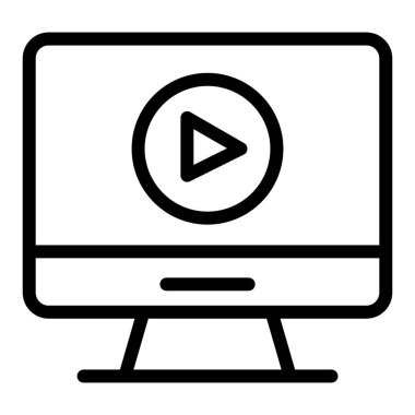 Video oynatıcı monitör satırı simgesinde. Beyaz üzerine izole edilmiş oyun işareti vektör illüstrasyonlu bilgisayar ekranı. Web ve uygulama için tasarlanmış grafik tasarımı üzerindeki film. Eps 10.