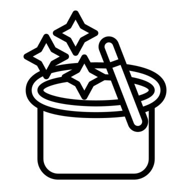 Sihirbaz şapkası ve sihirli değnek çizgisi ikonu. Beyaz üzerine izole edilmiş yıldız vektör illüstrasyonlu sihirbaz şapkası. Büyücülük tasarımı, web ve uygulama için tasarlanmış. Eps 10.