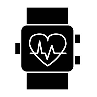 Akıllı saat katı ikonu. Bilek darbesi göstergesi vektör çizimi beyaza izole edildi. Kol saati, web ve uygulama için tasarlanmış kalp işareti kabartma stili tasarımı. Eps 10.