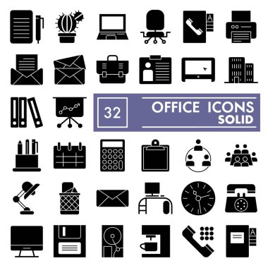 Ofis sembolü seti, iş sembolleri koleksiyonu, vektör çizimleri, logo illüstrasyonları, ofis malzemeleri beyaz arka planda izole edilmiş katı resim paketleri,.