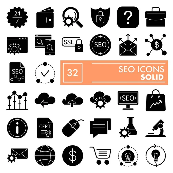 SEO glyph icon set, raccolta simboli di marketing, schizzi vettoriali, illustrazioni logo, segni di ottimizzazione solido pacchetto pittogrammi isolato su sfondo bianco, eps 10 . — Vettoriale Stock