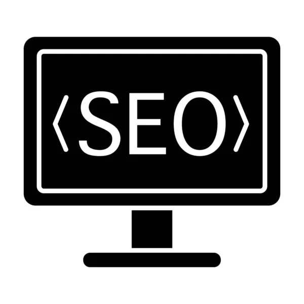 SEO monitor ícone sólido. Monitor de computador e ilustrações vetoriais seo isoladas em branco. Design de estilo glifo de serviço Seo, projetado para web e aplicativo. Eps 10 . — Vetor de Stock