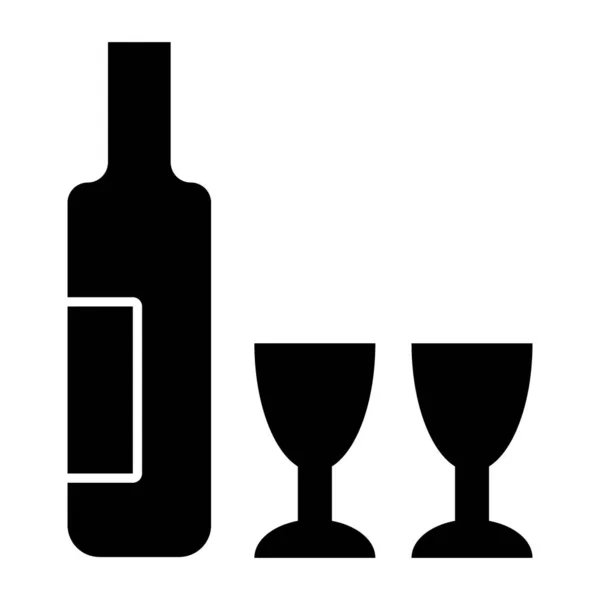 Wine and two glasses solid icon. Bottle of alcohol vector illustration isolated on white. Drink glyph style design, designed for web and app. Eps 10. — Stock Vector