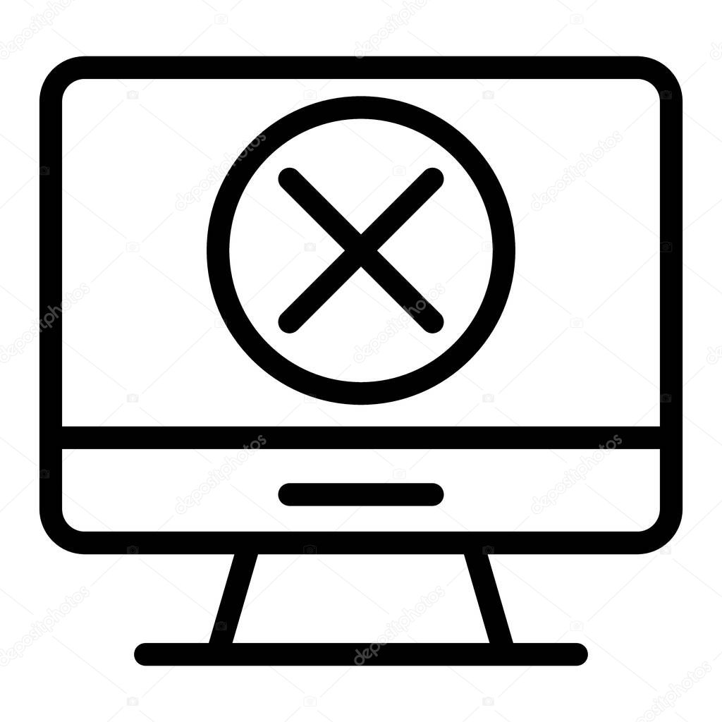 Computer with x mark line icon. Screen with cross vector illustration isolated on white. Error on screen outline style design, designed for web and app. Eps 10.