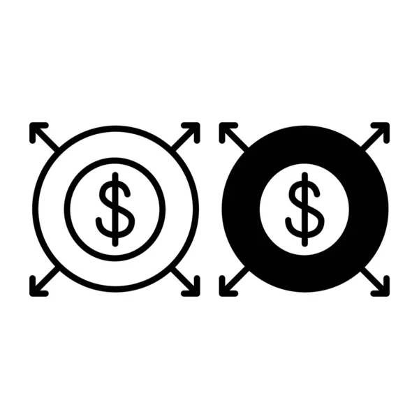 Ligne de distribution en dollars et icône de glyphe. La propagation des finances a reçu une illustration vectorielle isolée sur blanc. Conception de style de contour d'argent, conçu pour le web et l'application. Eps 10 . — Image vectorielle